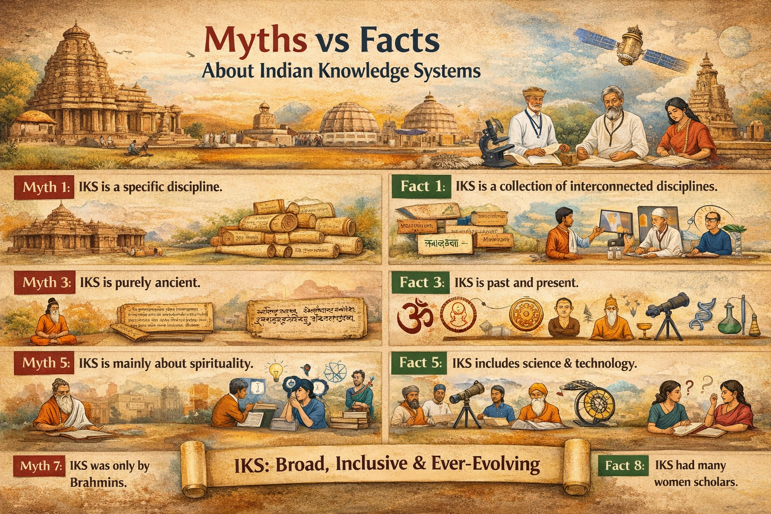 Indian Knowledge Systems, IKS myths and facts, Indian civilization knowledge, ancient and modern Indian sciences, interdisciplinary knowledge traditions, Indian philosophy and sciences, Ayurveda and Siddha systems, Sanskrit and regional languages, Indian mathematics and astronomy, temple architecture science, cultural heritage of India, empirical sciences in IKS, evolution of knowledge traditions, non-Brahmin scholars in IKS, women scholars in Indian knowledge, governance and economics in IKS, art and linguistics in India, indigenous knowledge systems, Indian intellectual history