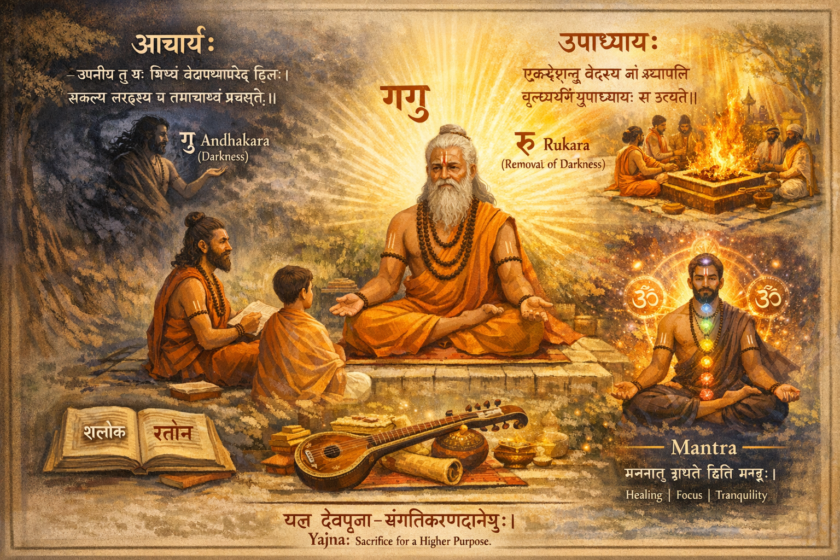 Guru meaning Gu Ru, Advaya Taraka Upanishad, Shukla Yajurveda verses 15 16, Guru and Acharya difference, Acharya definition Manu Smriti 2.140, Upadhyaya meaning Manu Smriti 2.141, Mantra meaning Mananat Trayate, healing power of mantras, benefits of mantra chanting, mantra for stress relief, endocrine system and mantra, pranic energy and vibrations, shloka meaning in Sanskrit, Anushtup meter Bhagavad Gita, Sanskrit poetry chandas, stotra meaning and definition, yajna meaning in Vedas, yaj root meaning devapuja sangatikarana danesh, types of yajna in Vedic tradition, selfless action as yajna, importance of guru in Hinduism, Droṇācārya and Chanakya Acharya examples, Sayana and Shankara Acharya, Vedic chanting benefits, spiritual enlightenment through guru