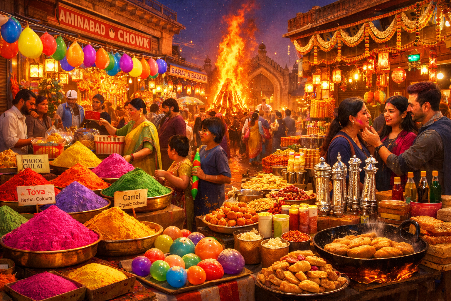 Lucknow Holi market, Holika Dahan Lucknow, Chowk Lucknow Holi shopping, Aminabad Holi bazaar, Sarafa Bazaar Lucknow, herbal gulal Lucknow, natural Holi colours India, eco friendly Holi colours, Phool natural gulal, Tota brand Holi colour, Camel organic colours, Holi pichkari shopping, silver pichkari Lucknow, gujiya Lucknow market, thandai spices Holi, Lucknow festive shopping, Ganga Jamuni tehzeeb Holi, Hazratganj Holi bazaar, Lucknow Farmers Market Holi, organic gulal India, Holi shopping Uttar Pradesh, Nawabi Lucknow festivals, traditional Holi India, best Holi market in Lucknow, Holi 2026 celebrations India