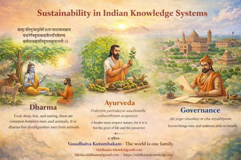 Indian Knowledge Systems, IKS sustainability, Dharma in Indian philosophy, Vasudhaiva Kutumbakam meaning, Atharva Veda on environment, Sustainability in Ayurveda, Charaka Samhita herbs conservation, Arthashastra sustainable governance, Kautilya economic principles, Bhagavad Gita Nishkama Karma, Ahimsa and ecology, Indian ecological wisdom, Ancient Indian environmental ethics, Hitopadesha dharma shloka, Cosmic order in Vedic philosophy, Holistic living Indian tradition, Sustainable practices in Vedas, Indian spiritual ecology, Unity in diversity philosophy, Traditional Indian conservation methods, Ethics and sustainability India, Vedic view of nature, Indian cultural sustainability, Siddhanta Knowledge Foundation, Indian philosophy and environment