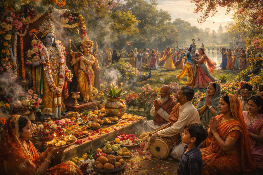 Sacred spring festival, Indian spring celebration, Madanotsava festival, Kama Deva worship, Lord Vishnu ritual, Vasanta Ritu festival, ancient Indian traditions, Hindu spring rituals, Indian cultural heritage, temple worship ceremony, devotees offering prayers, traditional Indian attire, floral decorations, spring blossoms, classical Indian dance, devotional music, sacred offerings, kumbha ritual, mango leaves and coconut, incense and lamps, vibrant festival scene, spiritual celebration, mythology inspired festival, Kalidasa tradition, Gitagovindam theme, Bhakti culture, Rasa lila dance, Krishna devotional festival, colorful Indian landscape, hyperrealistic cultural festival