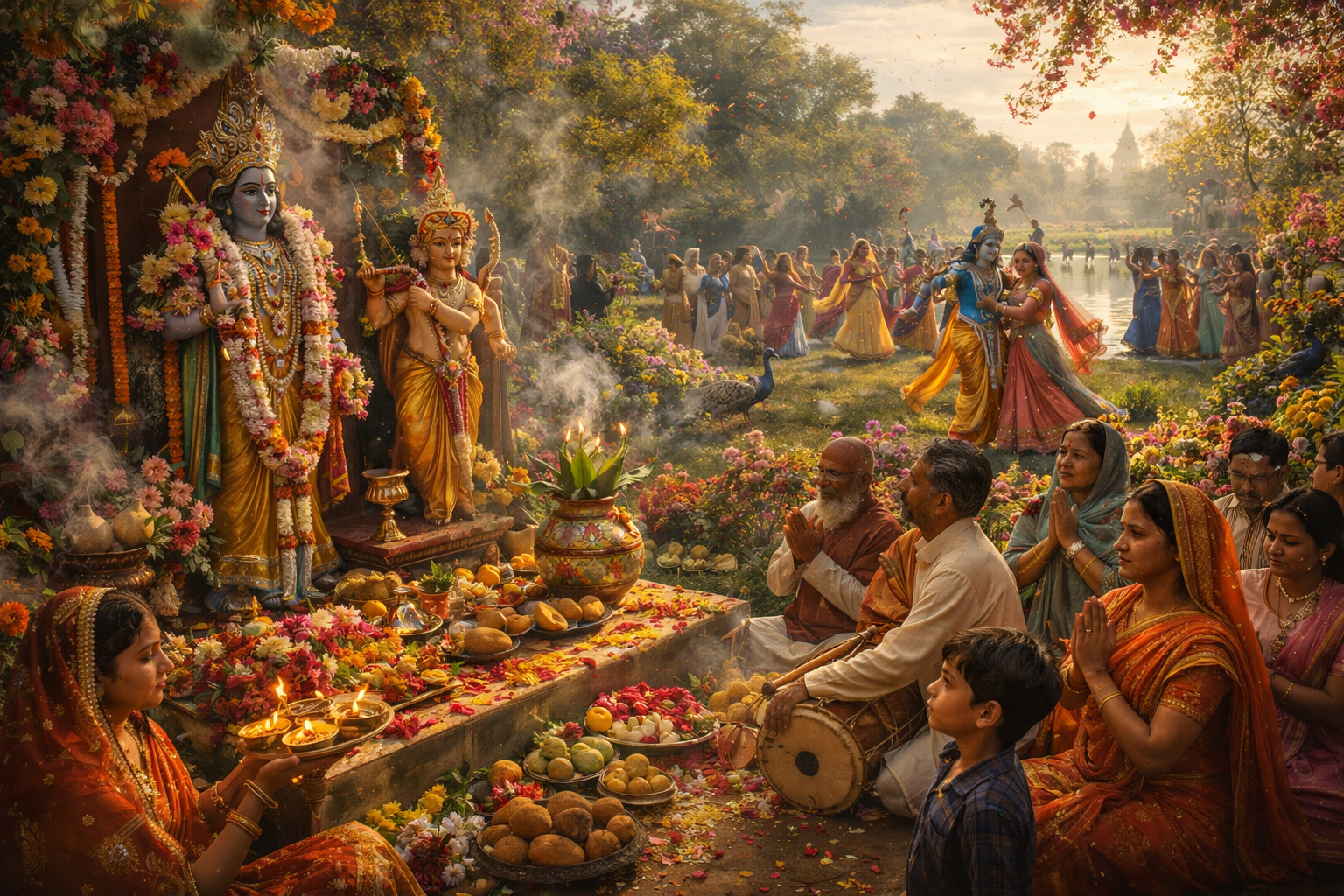 Sacred spring festival, Indian spring celebration, Madanotsava festival, Kama Deva worship, Lord Vishnu ritual, Vasanta Ritu festival, ancient Indian traditions, Hindu spring rituals, Indian cultural heritage, temple worship ceremony, devotees offering prayers, traditional Indian attire, floral decorations, spring blossoms, classical Indian dance, devotional music, sacred offerings, kumbha ritual, mango leaves and coconut, incense and lamps, vibrant festival scene, spiritual celebration, mythology inspired festival, Kalidasa tradition, Gitagovindam theme, Bhakti culture, Rasa lila dance, Krishna devotional festival, colorful Indian landscape, hyperrealistic cultural festival